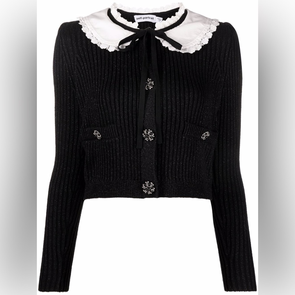 Self - Portrait lace-collar lurex ribbed cardigan Size L never worn
